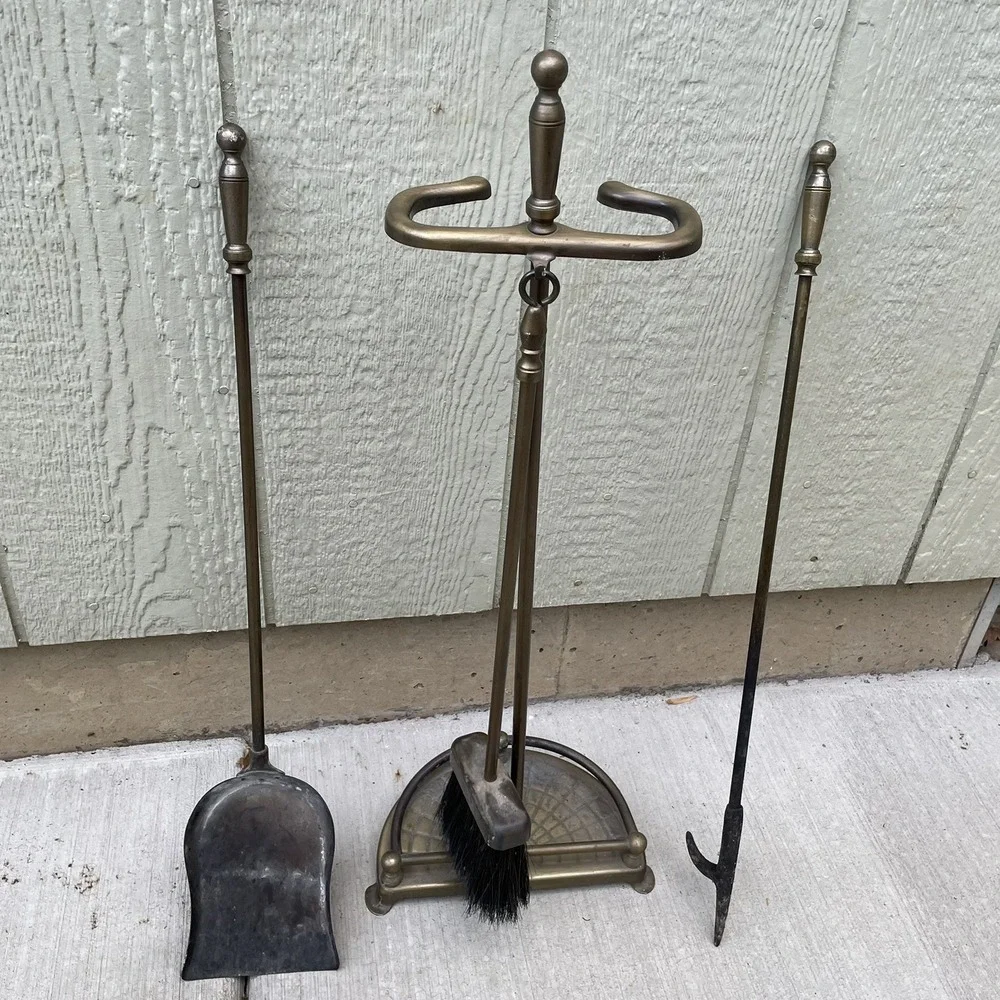 Fireplace Tool Set Brass‎ + Base-,Shovel,Poker,Broom 4 pieces holidays winter